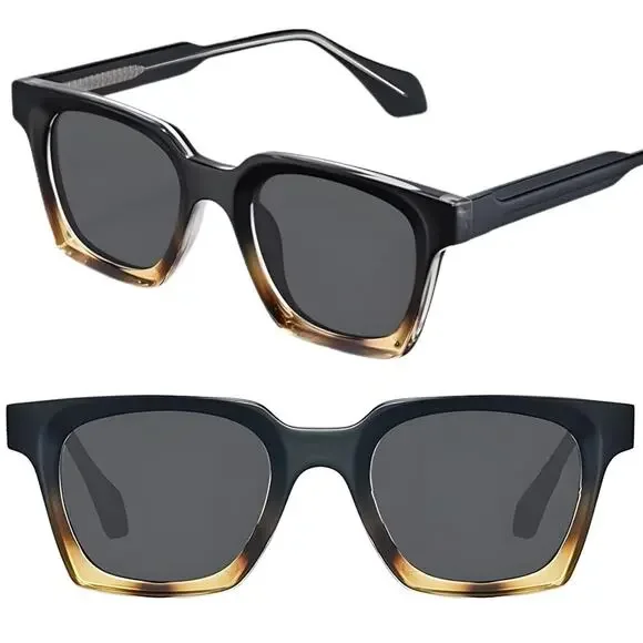 Stylish Black Amber Acetate Square Sunglasses Polarized Grey Lenses UV400 - Picture 1 of 5